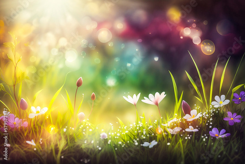 Paysage de printemps ensoleillé, arrière plan printanier avec herbe et fleurs - Générative IA