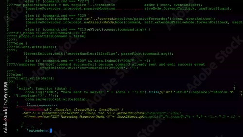 The multicoloured glitch corrupts the green lines of computer code.