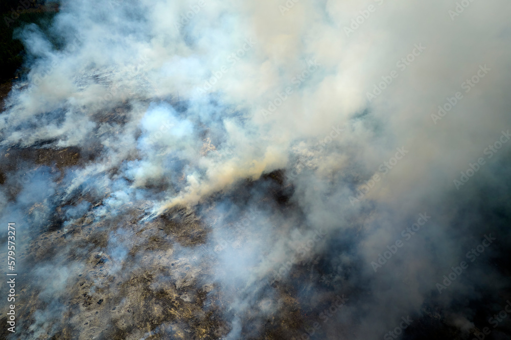 View from above of dense smoke from woodland and field on fire rising up polluting air. Concept of natural disaster