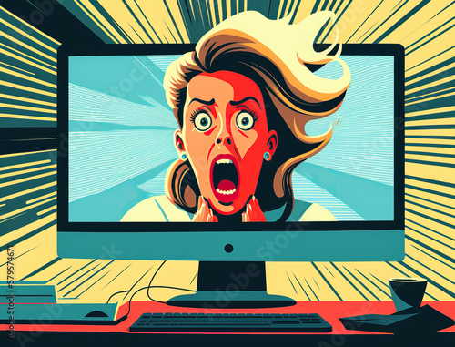 a shocked, screaming woman peers out of a computer screen, illustration, Generative AI photo