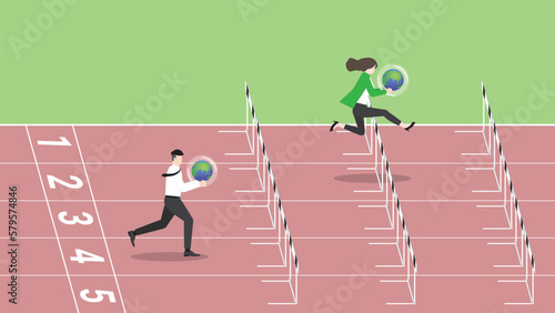 Advantages of ESG and green business policy of environmental concern, save a planet, eco friendly sustainability company. A leader businesswoman and follower employee hold the earth, run on racetrack.