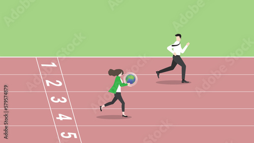 Concept of ESG and green business policy of environmental concern, save a planet, eco friendly, sustainability company. A businesswoman holds earth, runs on race track, attention from leader rivalry.