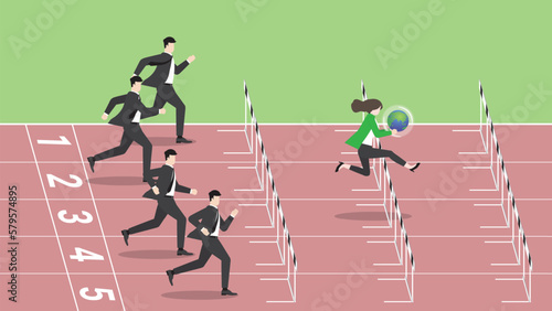 Advantages of ESG and green business policy of environmental concern, eco-friendly, sustainable company. A leader businesswoman holds earth and competitors run and jump over obstacles on a racetrack.