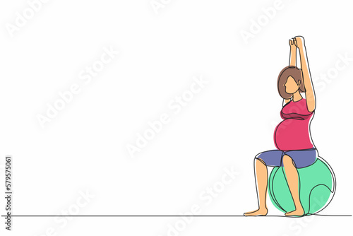 Single one line drawing yoga for pregnant woman concept. Fitness sport during pregnancy. Healthy lifestyle and relaxation. Girl with fitness ball. Continuous line design graphic vector illustration