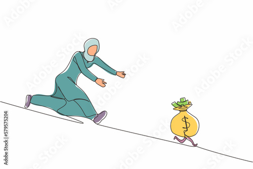 Single continuous line drawing Arabian businesswoman chasing money bag dollar run away. Concept of achieving goals and profits, striving for success, running for money. One line graphic design vector