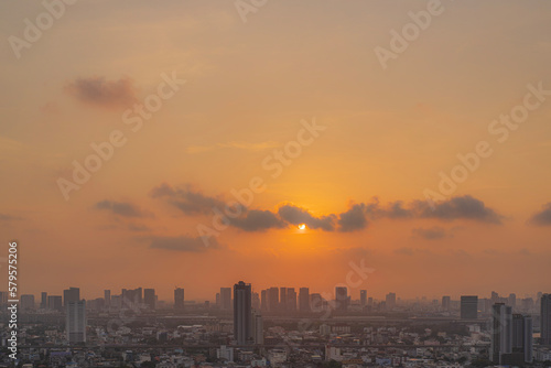 PM 2.5 dust in Bangkok,Capital city are covered by heavy smog,Sunset in downtown with bad air pollution, the Place to risk of cancer