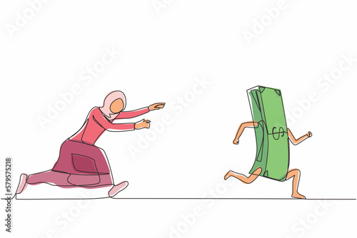 Continuous one line drawing Arabic businesswoman or manager running and chasing after run away money. Concept of money obsession, impatient, greedy. Single line draw design vector graphic illustration