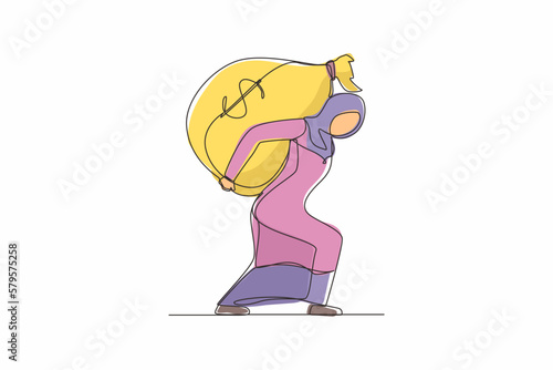 Single continuous line drawing Arabian businesswoman carrying big and heavy money bag on her back. Financial problems, taxation burden or business debt, deadline. One line draw graphic design vector