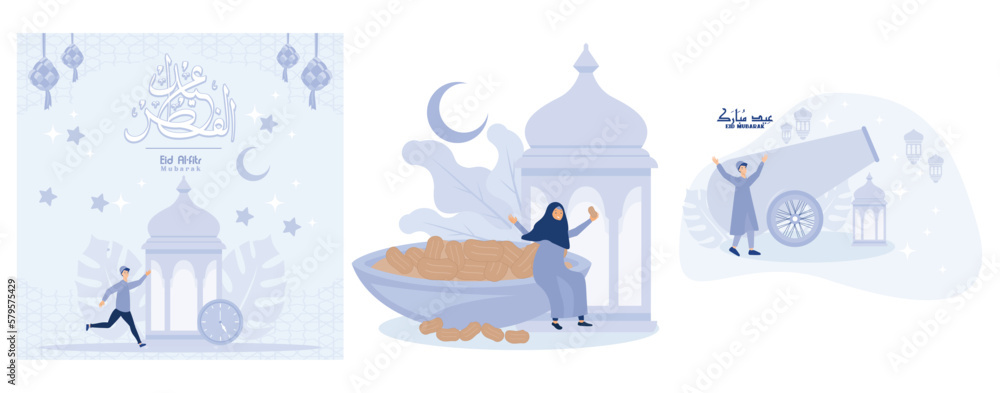 Obraz premium Muslim are happy when breaking the fast of Ramadan, A Muslim is happy to welcome the month of Ramadan, set flat vector modern illustration 