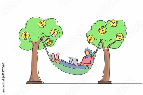 Single one line drawing happy rich Arab businesswoman typing with laptop in hammock tied on money tree with dollar coins. Make profit or dividend from investment. Continuous line design graphic vector
