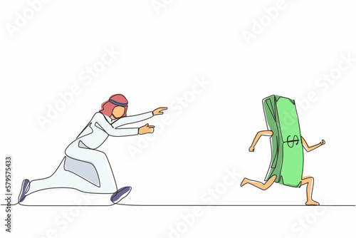 Continuous one line drawing Arabian businessman or manager running and chasing after run away money. Concept of money obsession, impatient, greedy. Single line draw design vector graphic illustration