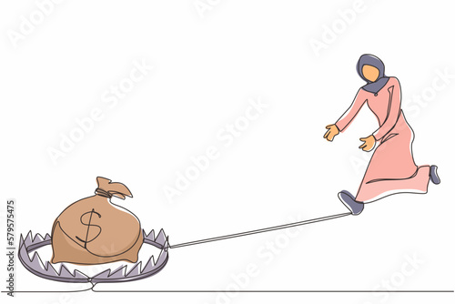 Single continuous line drawing money trap business. Arabian businesswoman running to catch money bag in the steel bear trap. Metaphor of greedy financial risk and bad solutions. One line design vector