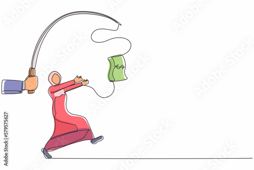 Continuous one line drawing hand with fishing pole and dollar cash control greedy Arab businesswoman under hypnosis. Woman running after dangling dollar, trying to catch it. Single line design vector