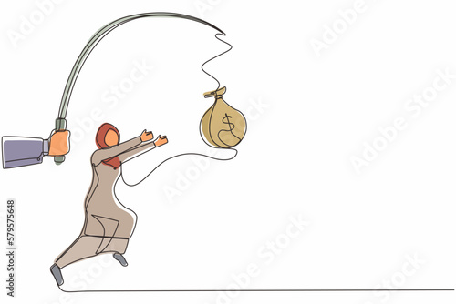 Continuous one line drawing hand with fishing pole and money bag control greedy Arab businesswoman under hypnosis. Woman running after dangling money bag, trying to catch it. Single line design vector