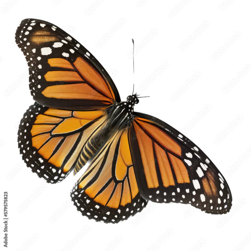 Fototapeta premium isolated orange monarch butterfly in flight, macro, png, transparent background, spring, summer, vertical, horizontal, close up, top view, side view, Generative AI