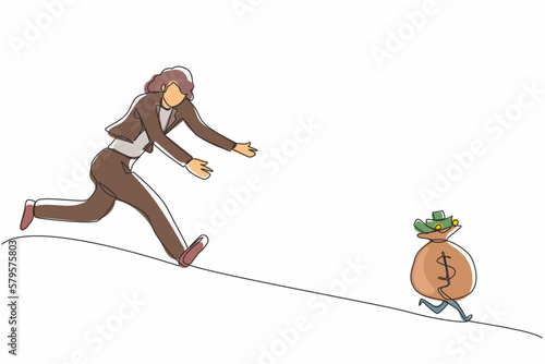 Single continuous line drawing businesswoman chasing money bag dollar run away. Concept of achieving goals and profits, striving for success, running for money. One line draw graphic design vector