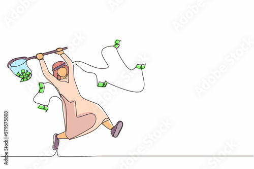 Continuous one line drawing Arab businessman trying to catch flying money with butterfly net. Running entrepreneur man using business opportunity to scoop dollar bills. Single line draw design vector