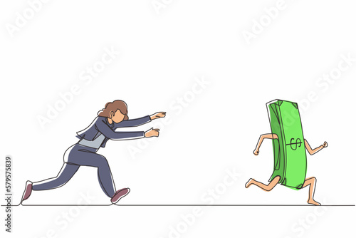 Continuous one line drawing active businesswoman or manager running and chasing after run away money. Concept of money obsession, impatient, greedy. Single line draw design vector graphic illustration