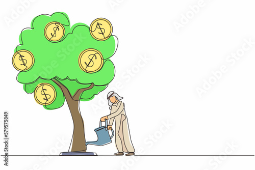 Single continuous line drawing Arabic business investment with money tree illustration. Man watering tree with coins dollar symbols. Business development, profit growth. One line graphic design vector