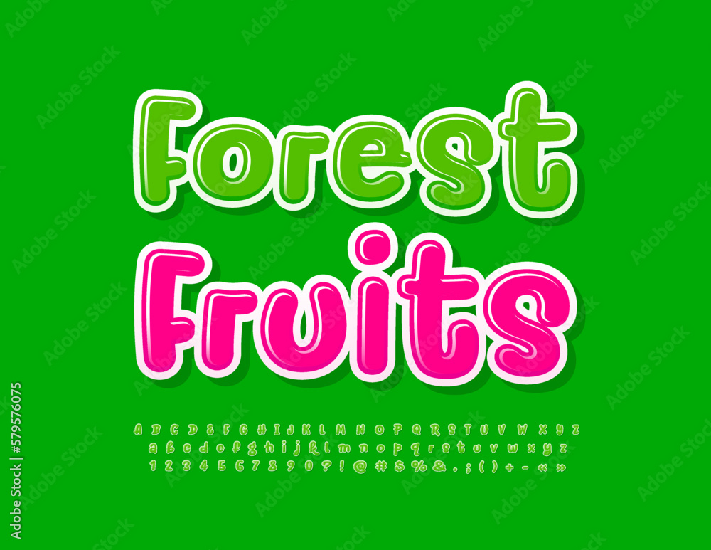 Vector bight Sign Forest Fruits. Green glossy Font. Funny Bright Alphabet Letters, Numbers and Symbols set Vector bight Sign Forest Fruits. Green glossy Font. Funny Bright Alphabet Letters, Numbers and Symbols set