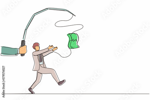 Single continuous line drawing hand with fishing pole and dollar cash control greedy businessman under hypnosis. Man running after dangling dollar and trying to catch it. One line draw design vector