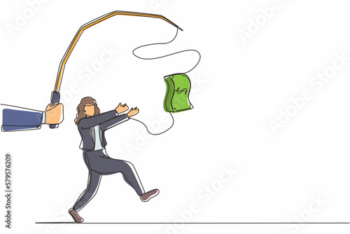 Single one line drawing hand with fishing pole and dollar cash control greedy businesswoman under hypnosis. Woman running after dangling dollar, trying to catch it. Continuous line draw design vector