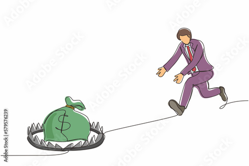Single one line drawing money trap business. Businessman running to catch money bag in the steel bear trap. Metaphor of greedy financial risk and bad solutions. Continuous line design graphic vector