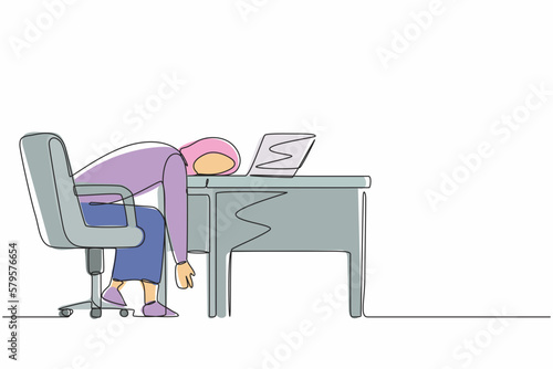 Single one line drawing professional burnout syndrome. Exhausted sick tired Arabic female manager in office sad boring sitting with head down on laptop. Continuous line draw design vector illustration