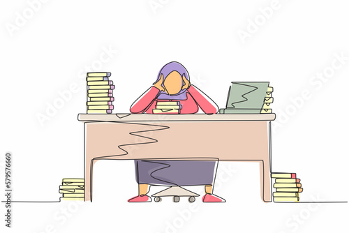 Single continuous line drawing stressed Arabian businesswoman throwing tantrum in office holding her hands to her head shouting while seated at desk surrounded by files. One line graphic design vector