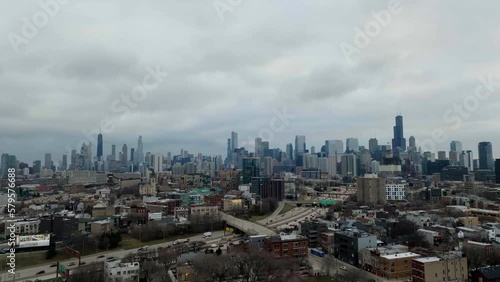 Aerial view of the River West district, dark evening in Chicago - Ascending, tilt, drone shot photo