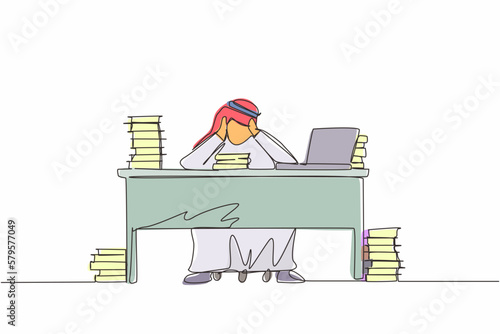 Single continuous line drawing stressed Arab businessman throwing tantrum in office holding his hands to his head shouting while seated at desk surrounded by files. One line draw graphic design vector
