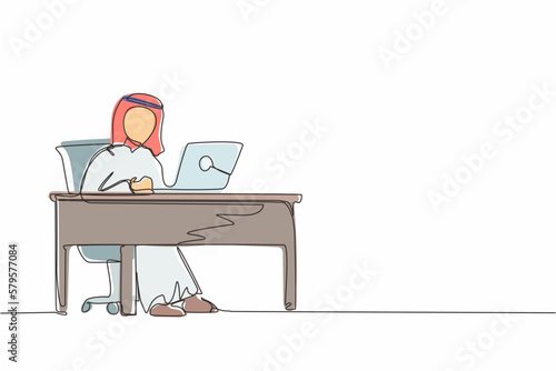 Single one line drawing male works in office. Arabic businessman working, typing and sending messages. Work, table, computer. Workplace and communication concept. Continuous line design graphic vector