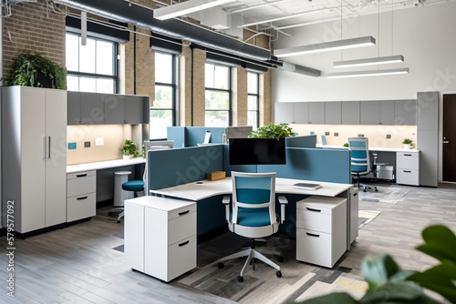 AI generated image of a modern office with the open space concept to encourage teamwork, communication, and creativity among employees