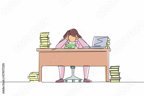 Single continuous line drawing stressed businesswoman throwing tantrum in office holding her hands to his head shouting while seated at a desk surrounded by files. One line draw graphic design vector
