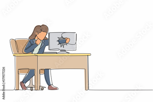 Single continuous line drawing angry businesswoman breaks her laptop computer hitting it with clenched fist sitting at desk. Frustrated woman punching hole in pc screen. One line graphic design vector