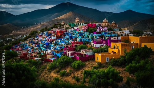 A colorful village in the hills of Oaxaca Mexico photographed with a Sony A6600 16mm lens f/5.6 vibrant  Generative AI photo