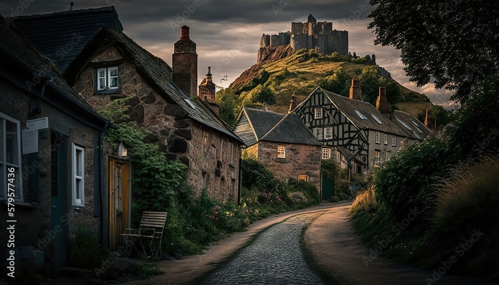 A picturesque village with a castle in the distance captured with a Nikon D6 28mm lens f/11 fairytale wide  Generative AI