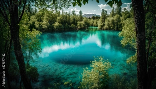 A beautiful view of a clear blue lake surrounded by green trees captured with a medium format camera using a 50mm lens f/8 aperture and natural style  Generative AI © Naveena