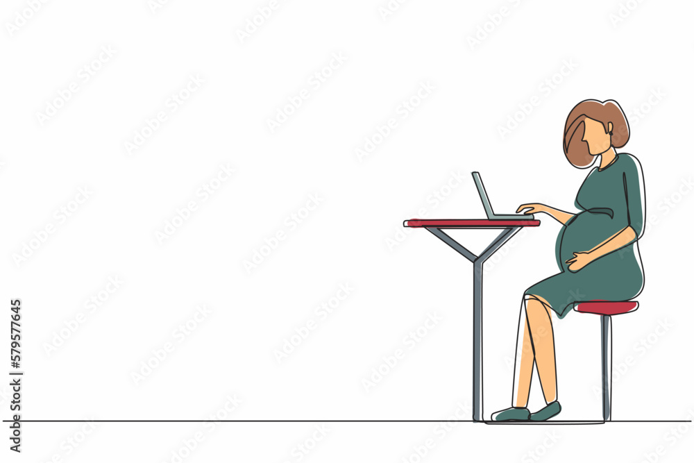 Continuous one line drawing pregnant woman sitting in cafe and using laptop. Freelance work concept. Side view. Theme of working as freelancer during pregnancy. Single line draw design vector graphic Continuous one line drawing pregnant woman sitting in cafe and using laptop. Freelance work concept. Side view. Theme of working as freelancer during pregnancy. Single line draw design vector graphic