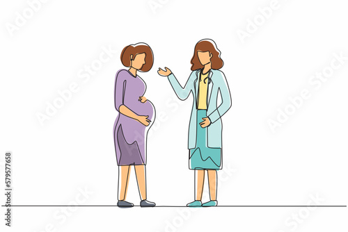 Single one line drawing cute pregnant woman at doctor's appointment. Woman expecting baby visits doctor's office, examination during pregnancy. Continuous line draw design graphic vector illustration