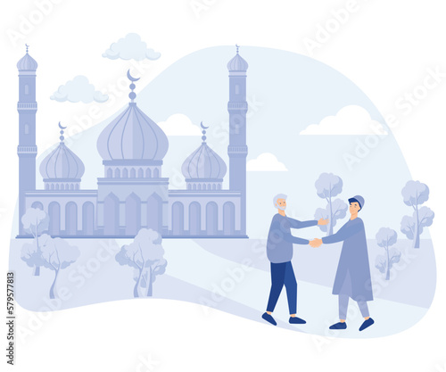 Muslims meet then shake hands and say Assalamualaikum in the courtyard of the mosque after shalat,  flat vector modern illustration