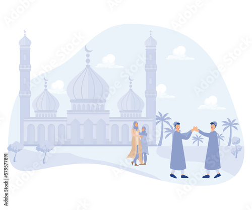 Happy Eid al-fitr illustration, Tradition of Eid al-Fitr shake hand and huge each other, flat vector modern illustration