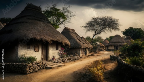 An idyllic village scene of Andhra Pradesh with traditional thatched roof huts taken with a Sony A7R III mirrorless camera 16 Generative AI