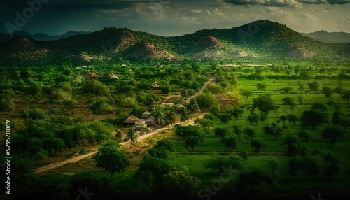 A stunning panoramic view of a lush green Andhra Pradesh village shot with a Canon EOS R5 mirrorless camera 70 Generative AI