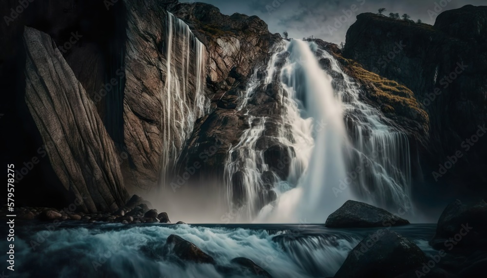 An awe inspiring view of a waterfall cascading down a rocky cliff captured with a full  Generative AI