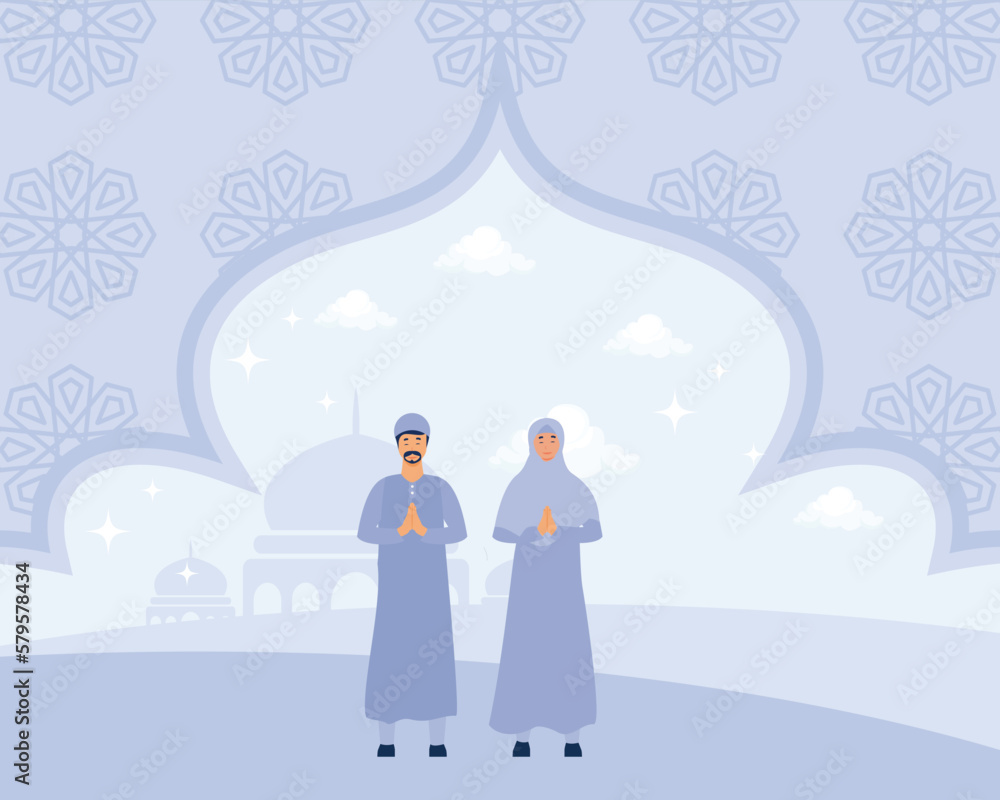 Obraz premium ramadan kareem background, men and women illustration for greeting cards, flat vector modern illustration