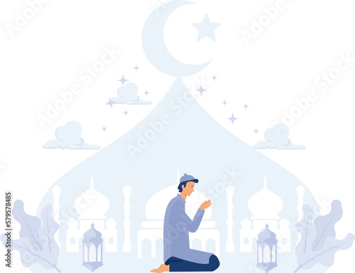 Muslim prayer illustration, Ramadan kareem greeting postcard, flat vector modern illustration