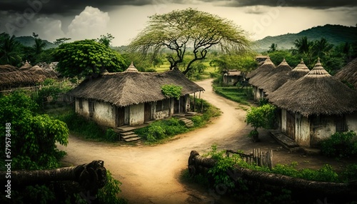 A captivating view of a traditional Andhra Pradesh village with beautiful architecture and a lush green environment captured with a high Generative AI
