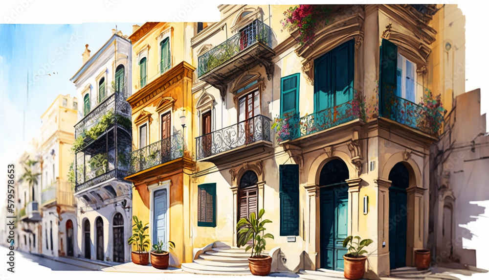 Valletta Maltese traditional colorful houses with balconies narrow city streets at sunny day. Watercolor digital painted illustration. Travel concept. Generative AI