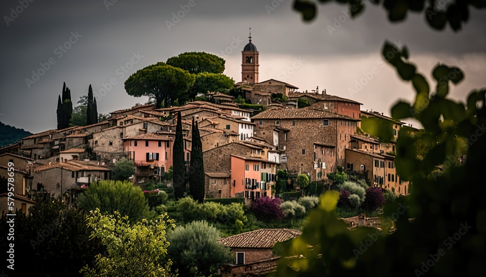 A charming village in the rolling hills of Tuscany taken with a Leica Q2 28mm lens f/8 classic  Generative AI